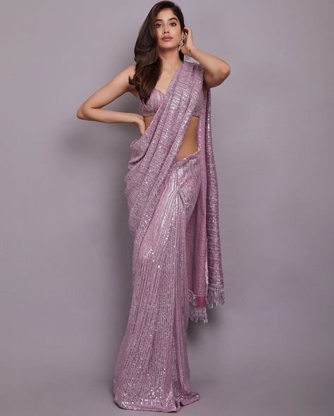 9 Sequin Sarees to Pick From B-town Divas for Your Cocktail Bling Manish Malhotra Sequin Saree, Shimmer Saree, Sarees For Girls, Sequin Saree, Modern Saree, Fancy Sarees Party Wear, Janhvi Kapoor, Indian Fashion Saree, Saree Designs Party Wear