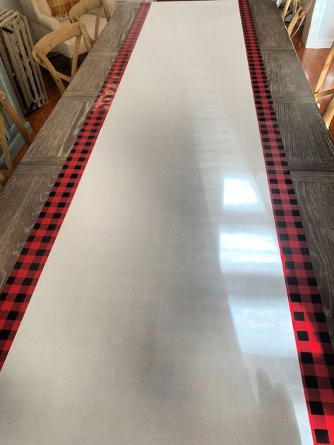 Use Wrapping Paper for a Table Runner | Hometalk Wrapping Paper Table Runner, Steampunk Candle Holder, Steampunk Candle, Painting Linoleum Floors, Butcher Table, Tapper Candles, Diy Christmas Tags, Buffet Makeover, Paper Table Runner