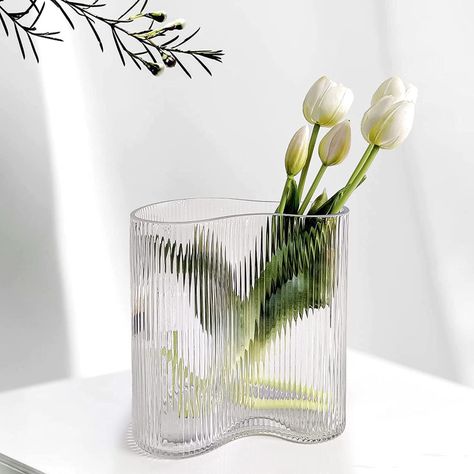 Aoderun Glass Vase for Flowers Modern Large Flower Vase Footprint Shape Ribbed Vase for Living Room Dining&Coffee Table Kitchen Office Home Shelf Wedding Party Decor Large Flower Vase, Vase For Living Room, Large Flower Vases, Home Shelf, Ribbed Vase, Glass Vases Centerpieces, Event Florals, Coffee Table Kitchen, Dining Table In Living Room