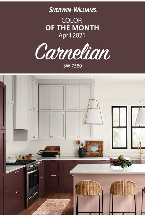 Kitchen Cabinets Burgandy, Burnt Red Kitchen, Umber Wine Paint, Carnelian Paint Sherwin Williams, Dark Burgundy Kitchen Cabinets, Wine Colored Kitchen Cabinets, Wine Colored Cabinets, Mauve Cabinets Kitchen, Maroon Cabinets Kitchen