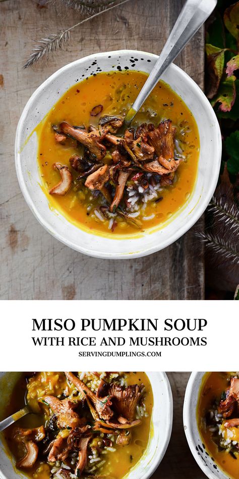 Roasted pumpkin soup with wild rice and miso mushrooms Miso Mushrooms, Serving Dumplings, Food Polls, Roasted Pumpkin Soup, Pumpkin Mushroom, Veggie Mains, Roast Pumpkin Soup, Turkey Soup Recipe, Comforting Soup