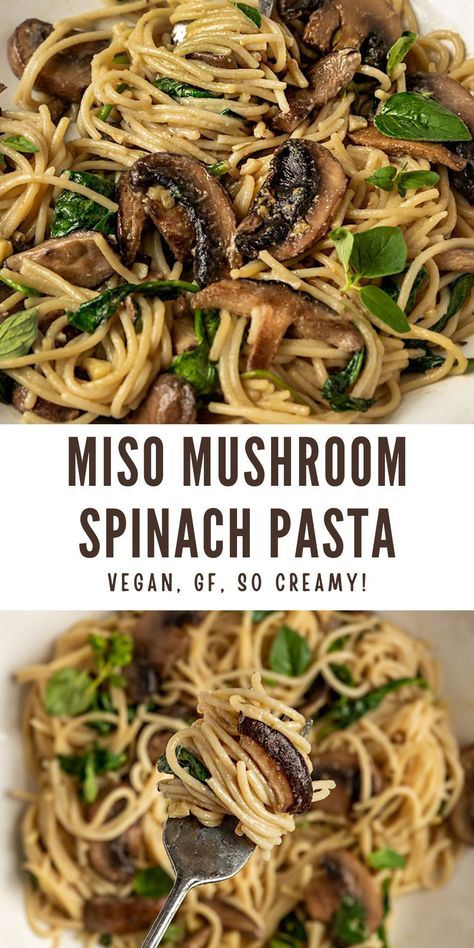 Vegan Mushroom And Broccoli Recipes, Vegan Spinach Recipes, Mushroom Spinach Pasta, Pb Recipes, Crispy Mushrooms, Miso Recipes, Aip Bagels, Vegan Mushroom Pasta, Pasta Toppings