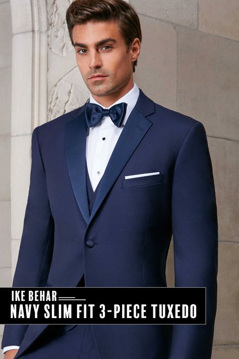 Beautiful Ike Behar Slim Fit Navy Wedding Tuxedo Suit with 3 piece vest, navy bow tie and pocket square. 3 Piece Suit With Bow Tie, Blue Suit With Bow Tie, Navy Wedding Tuxedo, Groom Suit Bow Tie, Md Suits, Navy Blue Suit Men, Navy Blue Tux, Jas Wedding, Groomsman Attire