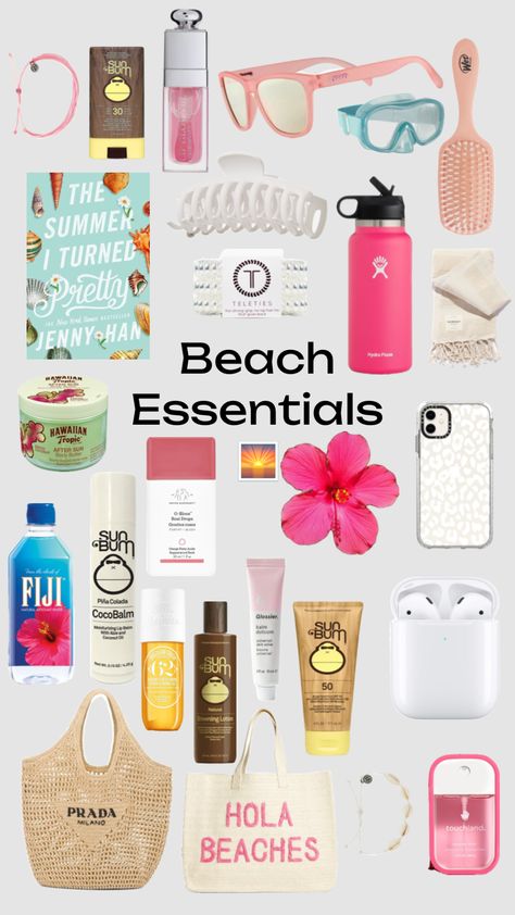 Beach Packing List Aesthetic, Summer Wishlist 2023, Beach Girl Essentials List, Beach Supplies List, Summer Beach Essentials, Summer Accessories Aesthetic, Cute Beach Accessories, Beach Packing List For Teenage Girl, Summer Must Haves 2024