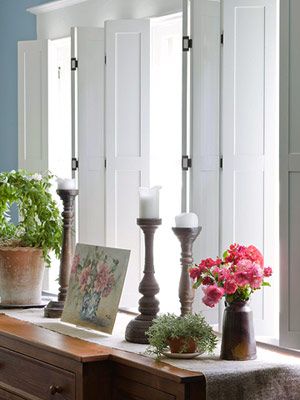 BHG  I've always loved shutters. I think it is the architectural detail that makes a home unique and give it character, and shutters are a great way for any Kitchen Window Treatments With Blinds, Window Shutters Indoor, Bedroom Curtains With Blinds, Decorating Games, Indoor Shutters, Bedroom Decorating Tips, Interior Window Shutters, Interior Window, Window Treatments Bedroom