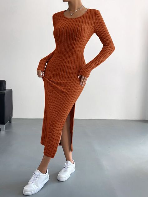 Minimalist Dresses, Ribbed Dress, Ribbed Knit Dress, Split Dress, Crewneck Dress, Long Sleeve Bodycon, Women Long Dresses, Comfortable Dress, Womens Midi Dresses