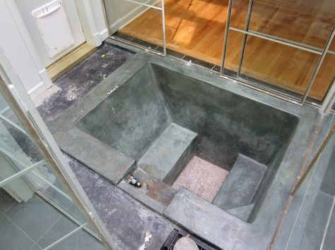 Concrete Soaking Tub, Japanese Soaking Tub Shower Combo, Soaking Tub Shower Combo, Kitchen Rugs Sink, Sunken Bath, Japanese Bathtub, Sunken Bathtub, Sunken Tub, Small Dining Room Table