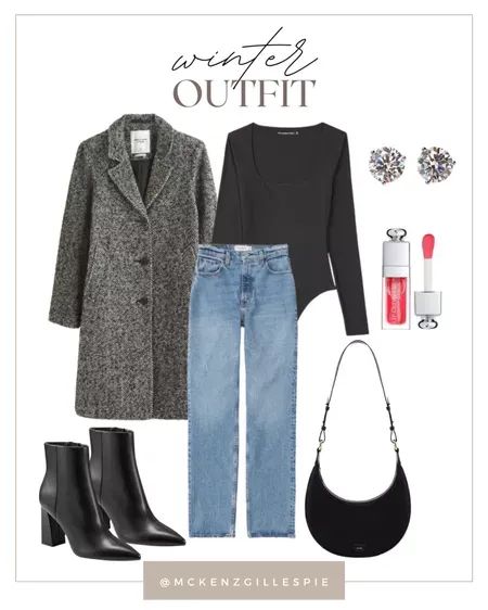 Winter outfit idea! How to style a black body suit, with jeans, and a coat to create a neutral chic look. Pair this stylish outfit with booties to dress up or sneakers to dress down! Cute winter outfits for women. Trendy outfits to wear in the winter for a night out , happy hour or date night. Fashion for outfit inspo this winter. Body Suit Date Night Outfit, Black Bodysuit Outfit Winter Long Sleeve, Daytime Date Outfit Winter, Black Body Suit With Jeans, Casual Winter Dinner Outfit, Black Body Suit Outfits, Black Bodysuit Outfit Winter, Pub Outfit Night, Black Winter Coat Outfit