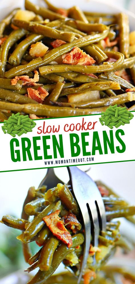 Planning your Thanksgiving dinner? Slow Cooker Green Beans with Bacon must be on your menu! This easy recipe takes just a handful of ingredients and a few minutes of work. Packed full of flavor, this southern-style side dish will become one of your holiday favorites! Crockpot Green Beans, Italian Green Beans, Slow Cooker Green Beans, Beans With Bacon, Beans In Crockpot, Mom On Timeout, Green Beans With Bacon, Green Bean Recipes, Crock Pot Cooking