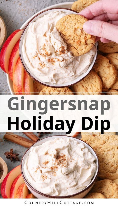 If you’re looking for a quick and easy treat for the holidays, this gingersnap dip recipe will be your new go-to! This subtly spiced, sweet dip is perfect for ginger cookies, apples, graham crackers, and so much more. It’s super creamy and will be ready in 10 minutes! It’s an excellent dip for dessert, snacking, and a holiday cookie platter because it’s sweet and satisfying. With its tangy sweetness and subtle warmth, it will become an instant Christmas favorite. | CountryHillCottage.com Candy Cane Dip Recipe, Ginger Snap Dip, Dip For Ginger Snap Cookies, Ginger Snap Desserts, Dip For Ginger Snaps, Gingersnap Dip, Snickerdoodle Dip, Gingerbread Dip Recipe, Sweet Dips Recipes