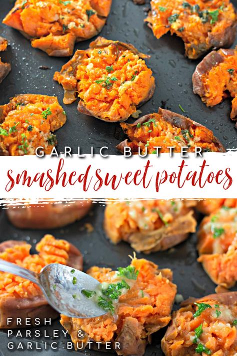 Garlic Butter Smashed Sweet Potatoes are an easy and flavorful side dish. Soft sweet potatoes are smashed with a fork and then drizzled with garlic butter and parsley before being baked to golden brown perfection. Potatoes Smashed, Smashed Sweet Potatoes, Jambalaya Recipe Easy, Sweet Potato Side Dish, Sweet Potato Sides, Orange Sweet Potatoes, Sweet Potato Recipe, Winter Meals, Easy Potato Salad