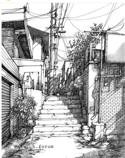 Alleyway Sketch, 1point Perspective Drawing City Streets, Japanese Street Sketch, 2 Point Perspective City, Manga Art Landscape Black And White, Japanese Alleyway Drawing, 80s Posters Art, Landscape Drawing Tutorial, Pen Art Work