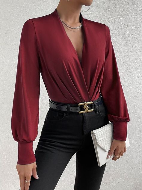 Elegant Bodysuit, Comfy Jumpsuits, Burgundy Top, Special Occasion Outfits, Top Shirt Women, Plain Tees, Dressy Outfits, Beautiful Blouses, Modern Outfits