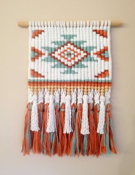 Aztec Wall Hanging, Macrame Aztec Pattern, Mexican Macrame, Aztec Macrame, Etsy Store Ideas, Navajo Pattern, Wire Knitting, Macrame Mirror, Weaving Loom Diy