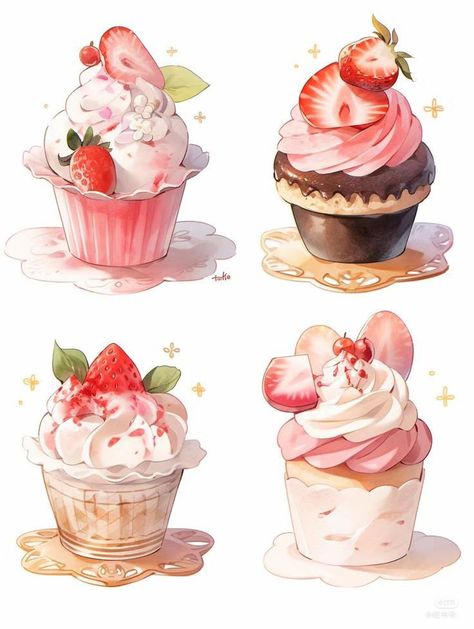 Food Art Illustration, Cute Meals, Sketchbook Ideas Inspiration, Cupcake Illustration, Dessert Illustration, Bento Lunchbox, Japanese Watercolor, Foodie Art, Valentines Day Pictures