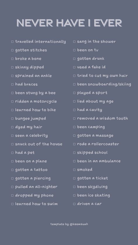 30 Questions Game, What To Do On A Sleepover At Night, Never Ever Have I Ever Questions, Best Never Have I Ever Questions, Whos Most Likely To Questions Game, Nhie Questions, Have I Ever Questions, Good Never Have I Ever Questions, Never I Have Ever Questions