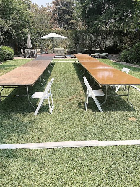 How I Built an Outdoor Dining Room for Sixty Five Guests Outdoor Party Tables, Outdoor Backyard Party Decor, Outdoor Seating For Party, Outdoor Table Set Up For Party, Outdoor Party Layout, Outdoor Dinner Seating, Casual Outdoor Dinner Party, Seating For Outdoor Party, How To Set Up Backyard For Party