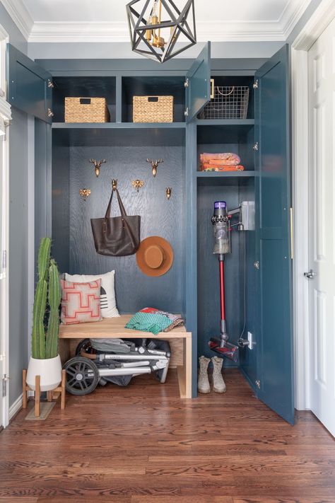 ROOSEVELT + MONROE MUDROOM REVEAL - Clark + Aldine Blue Mudroom Lockers, Blue Mudroom Cabinets, Mudroom Blue, Entryway Mudroom Ideas, Blue Mudroom, Mudroom Ideas Entryway, Built In Bench Seating, Stroller Storage, Mudroom Storage