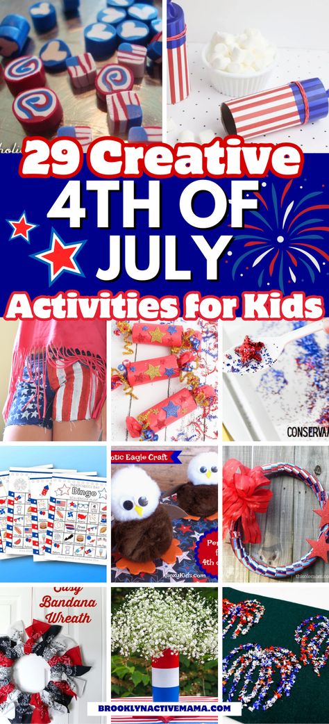 The 4th of July is such a fun time to get creative! There are so many ways to celebrate Independence day and here are 29 creative 4th of July Activities for kids! Forth Of July Activities Kids, Fourth Of July Activities For Kids, 4th Of July Activities For Kids, Fun 4th Of July Activities, July Activities For Kids, 4th Of July Activities, Eagle Craft, Bandana Wreath, Fourth Of July Crafts For Kids