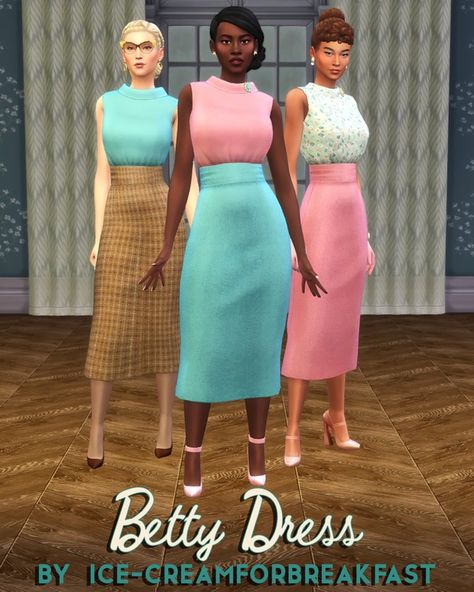 Betty Dress (May 2024) | Patreon Sims 4 Vintage Glamour, Housewife Dress, Female Sims, Betty Dress, 1950s Outfits, Sims 4 Dresses, Sims 4 Mods Clothes, Sims 4 Clothing, May 2024