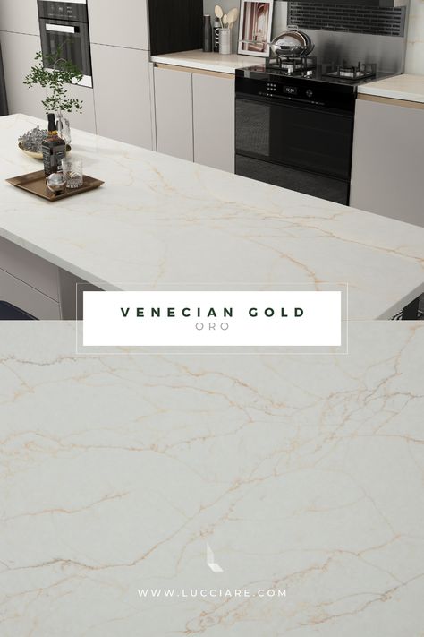 Gold Quartz Countertops, Creamy Foundation, Quartz Kitchen Countertops, White Kitchens, Brass Accessories, Quartz Kitchen, The Venetian, Classic Kitchens, Kitchen Inspiration Design