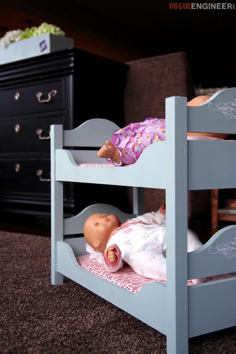 18in Doll Bunk Beds- Free & Easy Plans | rogueengineer.com #18inDollBunkBeds #BabyChildDIYplans #diyprojects #diyideas #diyinspiration #diycrafts #diytutorial #dolls #dollarstore #bunkbeds #bunkbeddesigns #bunkbedideasforsmallrooms Doll Bunk Beds Diy, Bunk Beds Diy, Doll Bed Diy, Doll Bunk Beds, Little Dorrit, Bunk Bed Plans, Beds Diy, Wood Projects For Kids, Bunk Bed Designs