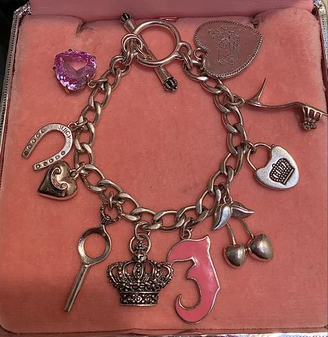 Charm Bracelet Juicy Couture, 2000s Charm Bracelet, Y2k Charm Bracelet, 2000 Accessories, Juicy 2000s, Cherry Lush, 2000s Jewelry, Juicy Couture Bracelet, Juicy Couture Charms