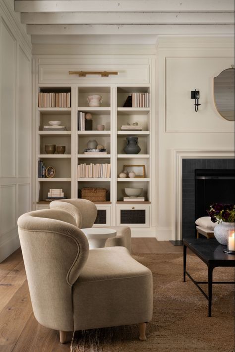 Amber Interiors Bookshelf Styling, Built In Look Bookshelves, Kitchen With Reading Nook, Built In With Desk Living Room, Display Built In Cabinets, Modern Traditional Interior Design Style, Window Seat With Built In Bookcases, Traditional Built In Bookshelves, Foyer Built In