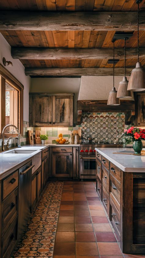 Hacienda Style Kitchen 24 Ideas: Transform Your Space with Spanish Colonial Charm Spanish Colonial Modern, Colorful Tile Backsplash, Modern Hacienda Kitchen, Spanish House Interior, Hacienda Style Kitchen, Modern Mexican Decor, Earth Palette, Color Tile Backsplash, Hacienda Kitchen