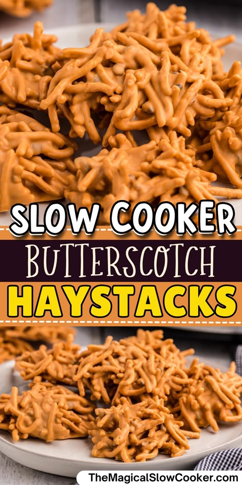 These Slow Cooker Butterscotch Haystacks are sure to be a yummy crowd-pleaser made with creamy peanut butter, chow mein noodles, butterscotch chips, and crushed nuts.  - The Magical Slow Cooker Peanut Butter Butterscotch Haystacks, Butterscotch Haystacks Recipe, Christmas Haystacks Recipe, Butterscotch Haystacks Chow Mein, Hawaiian Haystack Recipe, Butterscotch Haystacks, Christmas Cooking Ideas, Haystacks Recipe, Slow Cooker Candy