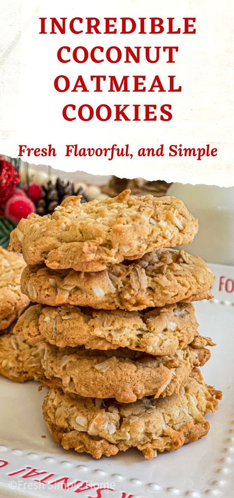 Looking for a new favorite holiday cookie? This Incredible Coconut Oatmeal Cookie Recipe is just what you need this Christmas season. These are made with fresh rolled oats, coconut flakes, and the perfect amount of brown sugar and cinnamon. Mix everything in one bowl bake for 12 minutes and you are ready to indulge! Oatmeal Christmas Cookies Holidays, Oatmeal Coconut Cookies Chewy, Asian Cookies Recipes, Coconut Biscuits Recipes, Oatmeal Cookies With Coconut, Coconut Oatmeal Cookies Recipes, Coconut Flakes Recipe, Coconut Oatmeal Cookies, Coconut Cookie