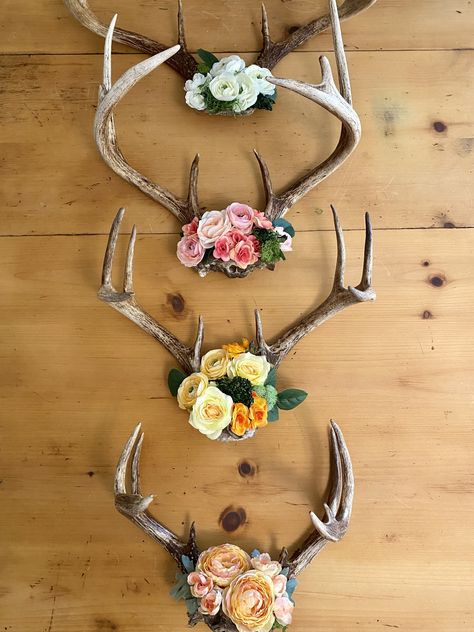 Hanging Deer Antlers On Wall, European Mount With Flowers, Deer Antler Crafts Wall Hangings, European Deer Mount Ideas Girly, Painted Antlers Decor, Painting Antlers, Deer Antler Crafts Ideas, Deer Horns Decor, Deer Antler Decor Ideas