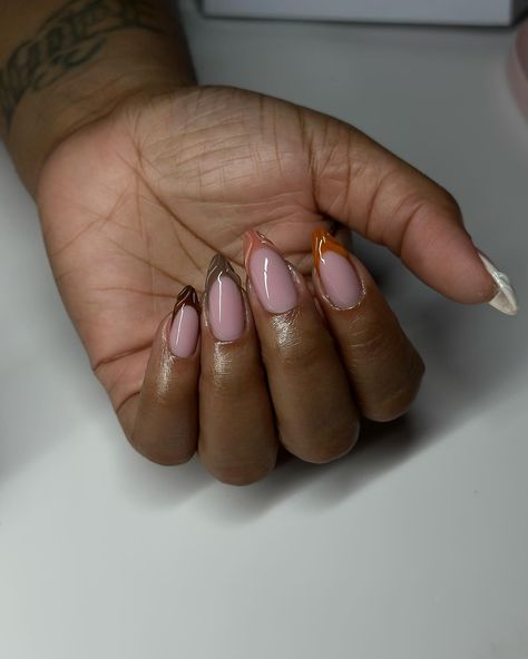 Fall nudes 🍁 #dovenailsbysharon French Tip Different Color Nails, Short Stilleto Nails Acrylics, Fall Nail Acrylic Designs, Pink And Gold Almond Nails, Almond Nails Fall Design, Fall Nude Nail Designs, French Tip Short Almond Nails, Nude Almond Nails With Design, Fall French Nail Designs