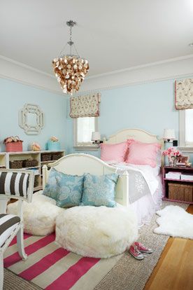 girls room idea Blue Girls Room, Pink Teen Girl Bedroom, Bedrooms Pink, Blue Teen Girl Bedroom, Stylish Kids Bedroom, Girl's Rooms, Capiz Chandelier, Damask Pillows, Sitting Pillows