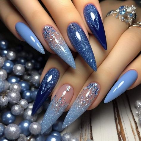 Denim Nail Designs, Denim Nails Acrylic, Dark Blue Stiletto Nails, Winter Blue Nail Designs, Sns Nail Art, Blue Nails Inspiration, Denim Nails, Blue Stiletto Nails, Stilleto Nails Designs