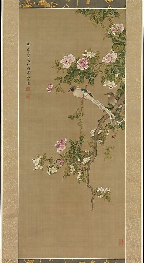 Flowers and Birds Shen Nanpin (Japanese: Shin Nanpin) (Chinese, 1682–after 1762) Period: Qing dynasty (1644–1911) Date: 1750 Antique Art Prints, Chinoiserie Art, Art Chinois, China Rose, Bird Canvas, Asian Painting, Art Japonais, 자수 디자인, Two Birds