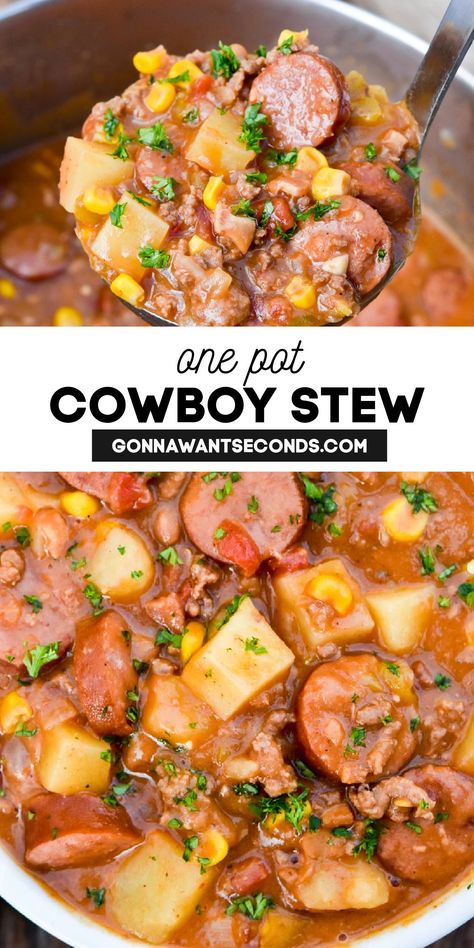 Scooping Cowboy Stew from the pot Cowboy Stew, Stew Meat Recipes, Tender Meat, Soup And Stew, Stew Recipe, Sopot, Crockpot Recipes Slow Cooker, Easy Soups, Easy Soup Recipes