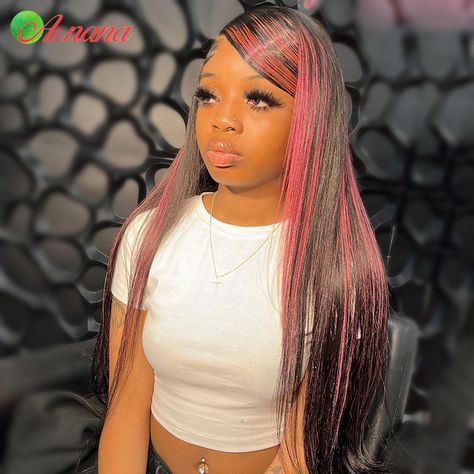 180 Density Highlight Pink Straight Wigs Brazilian Human Hair Wigs Pre-Plucked 13x6 Lace Frontal Wig Black And Pink Quick Weave, Blonde And Black Quick Weave, Colourful Wigs, 5x5 Lace Closure Wig, Pretty Wigs, Wig Installs, 13x6 Lace Frontal Wig, Pink And Black Hair, Blonde Highlights On Dark Hair