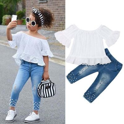 White Top Jeans, Boho Lace Top, Toddler Girl Outfits Summer, Girls Summer Tops, Fashion Baby Girl Outfits, Jeans Clothes, Girl Sleeves, Toddler Girl Outfit