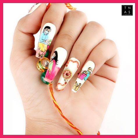 Rakshabandhan Nail Art Designs, Rakhi Nails Design, Rakshabandhan Nail Art, Rakhi Nail Art, Cream Nail Art, Artistic Nails, Cream Nail, Girls Nail Designs, Quick Nail Art