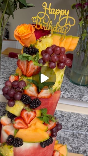 Bougie Grazer on Instagram: "3 tier watermelon cake - AKA Juicy 💦

What I used:

2 watermelons 
1 whole pineapple 
Grapes 
Cantaloupe 
Blackberries 
Blueberries 

Mint garnish!

Total time to make 2 hours!
Total weight HEAVY AF!

If you don’t like this post I get it but dang I know you definitely like the sound!! 🤷🏽‍♀️

Tag a vegan! 

#vegan #watermeloncake #explorepage✨ #viral" Fruit Bouquet, Fruit Ideas, Blueberry Mint, Watermelon Cake, I Get It, Tiered Cakes, Blueberries, The Sound, Blackberry