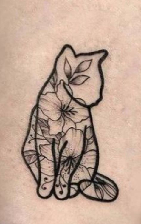 Trendy Cat Tattoo, Tattoo Ideas Trendy, Cat Made Of Flowers Tattoo, Cat Leaf Tattoo, Beautiful Cat Tattoo, Cat On Stack Of Books Tattoo, Brown Cat Tattoo, Tattoo Ideas For Your Cat, Black White Cat Tattoo