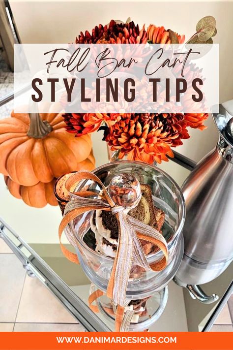 Beautiful styling tips, latest trends, and gorgeous pics to help you style the BEST and most COZY bar cart for the fall. #barcart #fallbarcart #barcartstyling #barcartideas #barcartdecor #fall #falldecor #fallaesthetic Fall Bar Cart Styling, Fall Bar Cart, Cute Bar Cart, Bar Cart Inspiration, Bar Cart Ideas, Round Bar Cart, Bar Cart Essentials, Gorgeous Pics, Diy Bar Cart