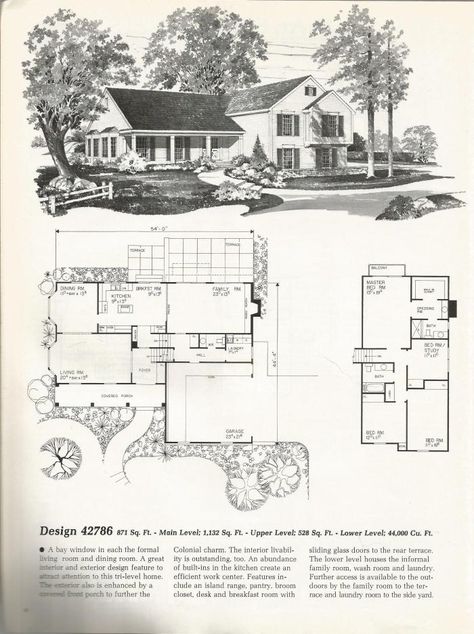 Colonial Tri-Level Tri Level House Plans, Midcentury House Plans, Historic House Plans, Split Level Floor Plans, Tri Level House, Split Level House Plans, House Plans Vintage, Vintage Floor Plans, House Plans Colonial