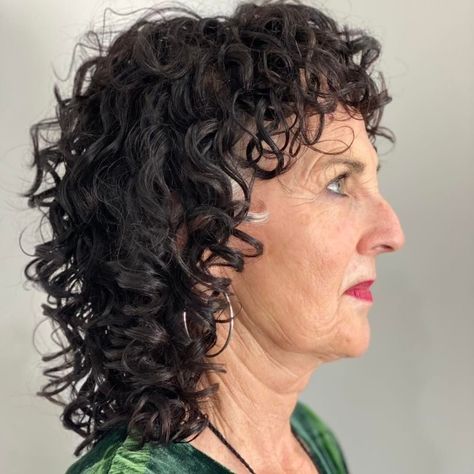 Curly Shag Mullet with Bangs on Older Lady Medium Curly Haircuts, Curly Shag, Curly Shag Haircut, Short Permed Hair, Short Shaggy Haircuts, Medium Length Curly Hair, Womens Haircuts Medium, Hairstyles For Women Over 60, Hairstyles And Haircuts