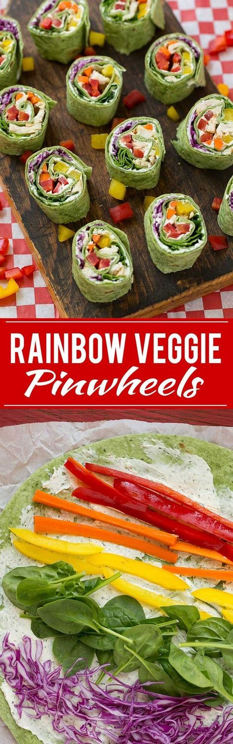 Rainbow veggie pinwheels are made with homemade ranch spread and a variety of fresh veggies. Lime Quinoa Salad, Veggie Pinwheels, Camping Desserts, Decorações Com Comidas, Pinwheel Recipes, Homemade Ranch, Buffalo Chicken Dip, Beach Hacks, Dinner Salads