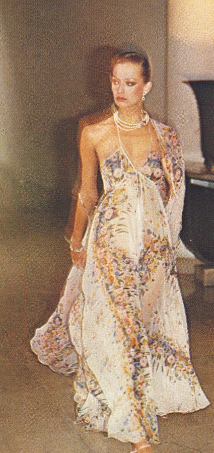 Chiffon dress by Ossie Clark...whispy etherial billowy chiffon all ossie trademarks. 70s Floral Print, 70 Style Wedding, 70s Halter Dress, Vintage Chiffon Dress, Ossie Clark Dress, Ossie Clark 70s, 70s Summer Dress, 70s Gown, 70s Editorial