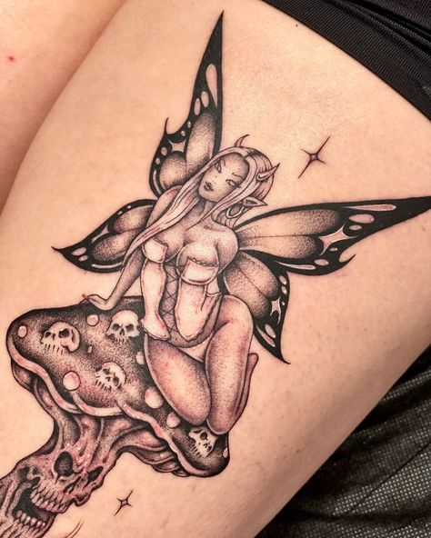 Mushroom fairy 💕😈🍄☠️ #fairytattoo #miss_preciouss Scary Fairy Tattoo, Fairy On Mushroom Tattoo, Evil Fairy Tattoo, Dark Fairy Tattoo Designs, Goth Fairy Tattoo, Naked Fairy Tattoo, Dark Fairy Tattoo, Creepy Fairy, Gothic Fairy Tattoo