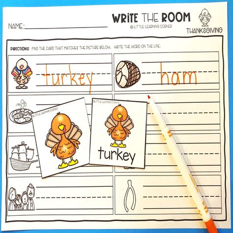 Thanksgiving write the room writing activity for prek, kindergarten, and first grade. Vocabulary picture cards and recording sheet included in this printable Thanksgiving activity for kids. #thanksgiving #writetheroom #kindergarten Thanksgiving Write The Room, Math Talks Kindergarten, Kindergarten Autumn, Autumn Themed Activities, Thanksgiving Centers, Thanksgiving Poems, Kindergarten Education, Fun Writing Activities, Thanksgiving Facts