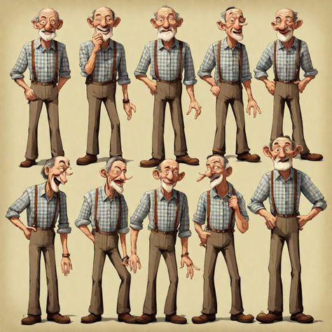 Old man in plaid shirt with suspenders in a variety of diffferent body positions Old Man Character Design, Old Man With Beard, Beard Illustration, Man With Beard, Illustration Book, Man Illustration, Ads Design, Point Perspective, Character Design Sketches